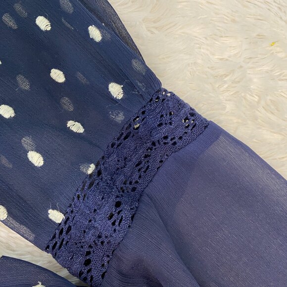 Free People Navy White Polka Dot Sheer Boho Blouse sz M - Picture 7 of 9